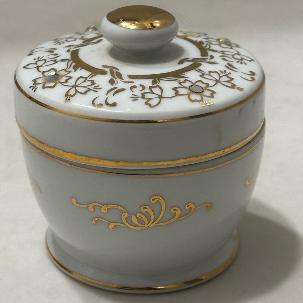 Vintage Lefton Vanity Trinket Jar Ornate Gold Floral Rhinestone #180